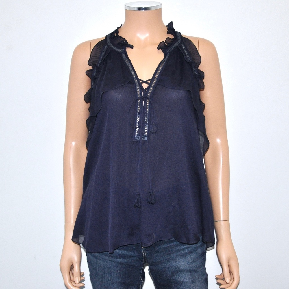 NWT! REBECCA TAYLOR Navy Silk Ruffle Cut Away Top - Sz 4